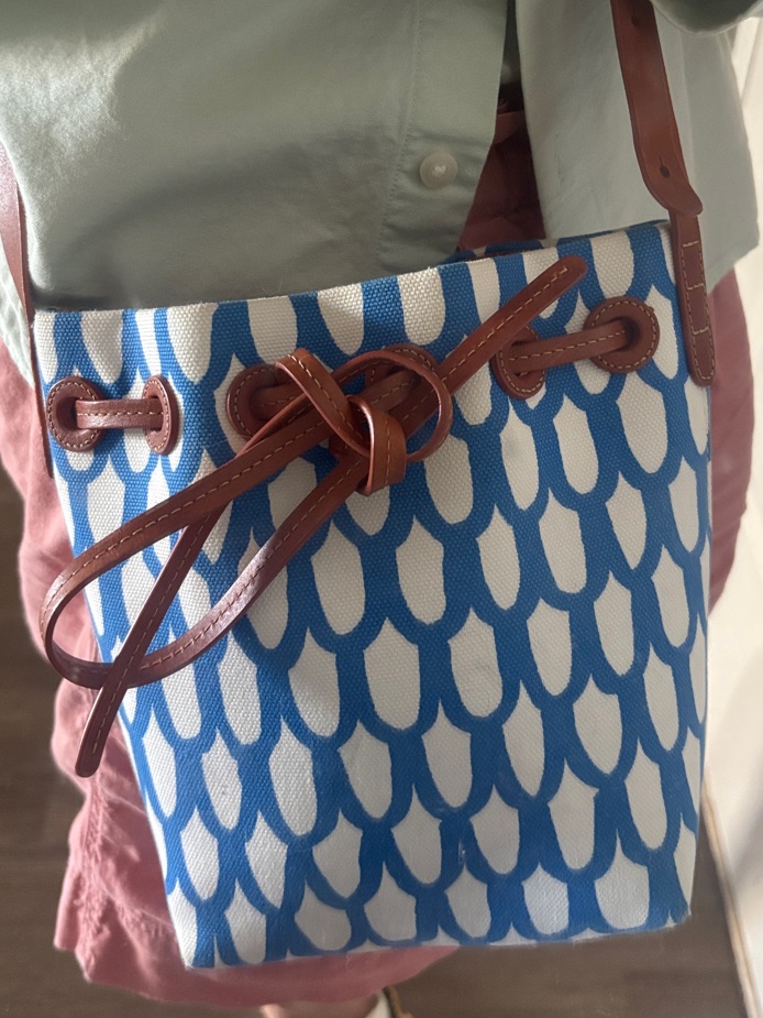 Mansur Gavriel Blue And White Patterned Canvas Crossbody With Brown Leather Trim